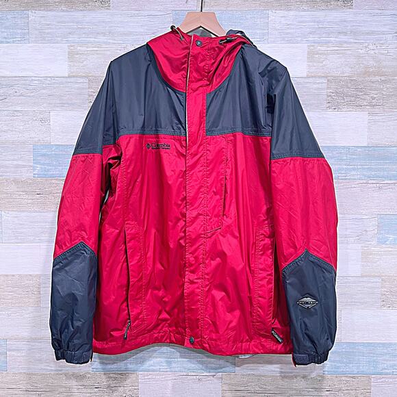 COLUMBIA Waterproof Nylon Rain Jacket Red Gray Omni-Tech Mesh Lined Mens Large - Picture 1 of 7